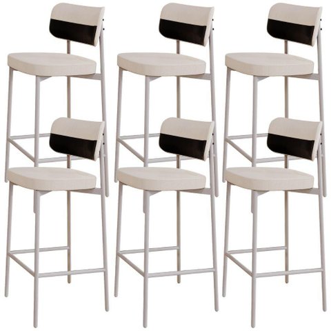 Kit 06 Banquetas Alta Bar Cozinha Sala de Jantar Aço Branco Kaira C01 Linho Palha Courino Preto -