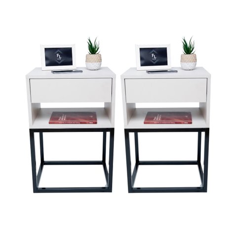 Kit 2 Mesas Cabeceira Industrial 40cm Branco Gavetas e Nicho Base Metal Preto Lateral Cama