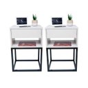 Ver imagem 1 de Kit 2 Mesas Cabeceira Industrial 40cm Branco Gavetas e Nicho Base Metal Preto Lateral Cama