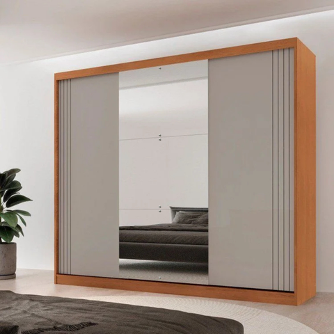 Guarda-Roupa Casal 100% MDF 3 Portas de Correr 4 Gavetas 6 Prateleiras c/ Espelho Chile Offwhite/Mar