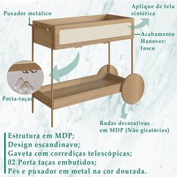 Carrinho Bar Porta Taças 110 Cm Pes Metal Oslo 28964 Hanover Artesano - 3