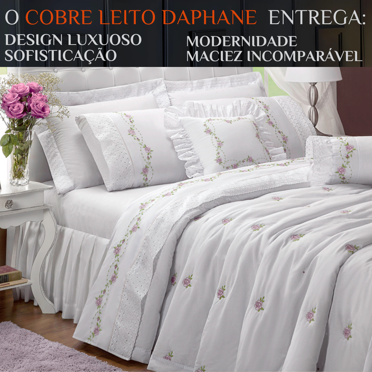 Cobre Leito Queen Size 100%algodão Daphane Bordado Super Luxuoso Bouquet:branco - 2