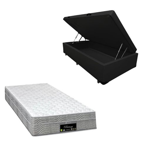 Cama Box Baú Blindada com Colchão Riviera Molas Ensacadas 25cm:Corino Preto/Solteiro
