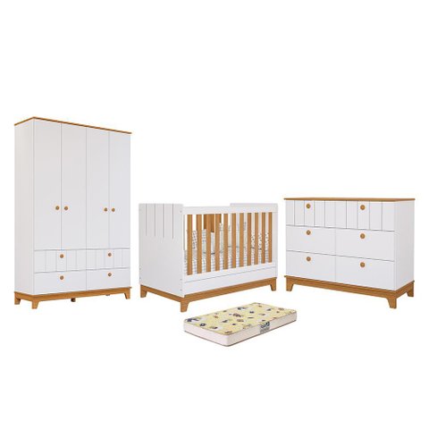 Dormitório Biscoito Guarda Roupa, Cômoda e Berço Branco/nature com Colchão Supreme - Permóbili