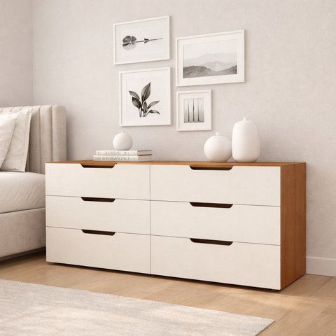 Cômoda para Quarto 6 Gavetas 150cm Madri Bege/Creme/Freijó