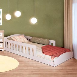 Cama com Colchão Solteiro Montessoriana Infantil Proteção Lateral Branco Encanto Completa Móveis - 7