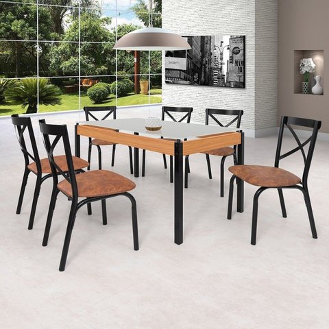 Conjunto Sala de Jantar Mesa 140cm x 77cm Tampo Vidro com 6 Cadeiras Karina Preto/Fosco/Caramelo