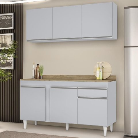 Armário de Cozinha com Balcão Dakota 6 Portas MDF-MDP 150cm Cinza Claro-Castanho Lumil Móveis