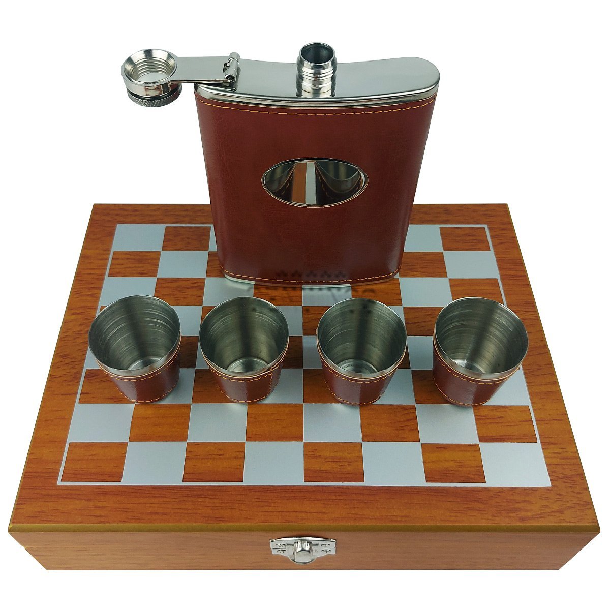 Kit Cantil em Couro e Metal com Copos e Estojo de Madeira Com Acessórios de Xadrez - 1