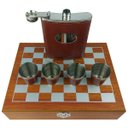 Ver imagem 1 de Kit Cantil em Couro e Metal com Copos e Estojo de Madeira Com Acessórios de Xadrez