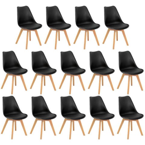 Conjunto 14 Cadeiras de Jantar Eames Wood Leda Design Estofada - Preto
