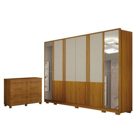 Guarda Roupa Casal Urban 6 Portas com Espelho Off White com Cômoda San Marino 8 Gavetas Cinamomo – L