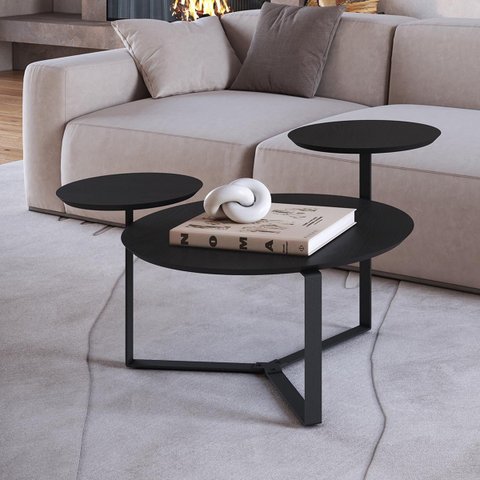 Mesa de Centro 3 Tampos Chanfrada Orgânica Pé Metal Nero/preto 28021