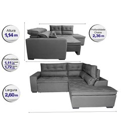 Sofá de Canto 2.60x2.36m Retrátil e Reclinável com Molas Cama inBox Platinum Direito Suede Cinza - 2