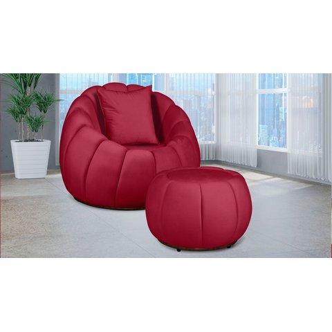 Kit Poltrona c/ Puff + Almofada Concha Veludo Vermelho