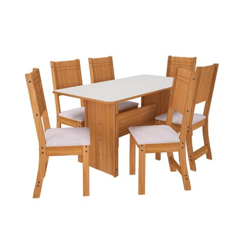 Conjunto de Mesa Indékes Evora Lisboa 150cm com 6 Cadeiras - Freijó/Off White