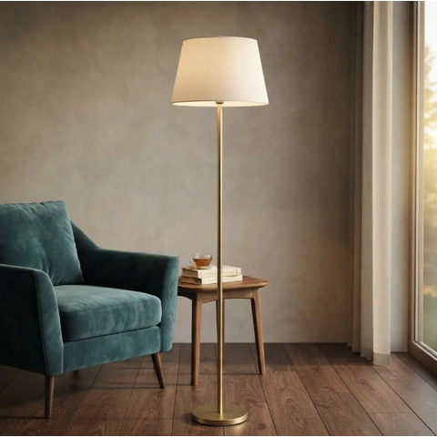 Luminária de Chão Piso Abajur Alumínio Altura 1,6m Cúpula Cônica Grande Ref 78 Dourado Cup Bege