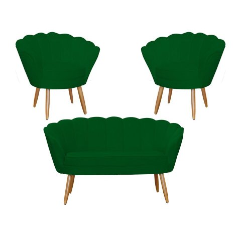 Kit Namoradeira + 2 Poltronas Decorativa Pétala Suede Verde Pés Madeira Ms Decor