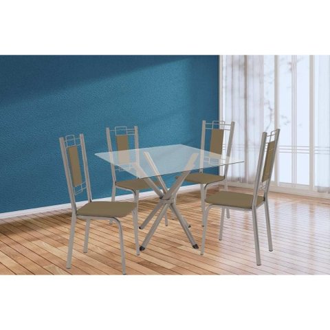 Conjunto: Mesa Sala Jantar Volga C/ Tampo de Vidro 90cm e 4 Cadeiras Florença Niquel - Courano