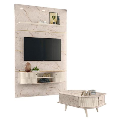Estante Home Theater com Bancada Suspensa Monte Carlo com Mesa de Centro Indianápolis Calacata Off