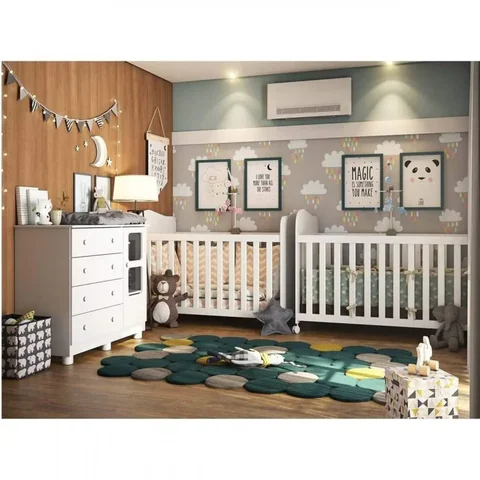 Quarto Gêmeos com 2 Berços Americanos e Cômoda Janelada Mimo 100% MDF Espresso Móveis Branco Brilho