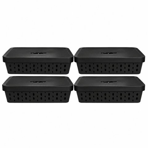 Kit 4 Cestos Organizadores Preto com Tampa 11 Litros
