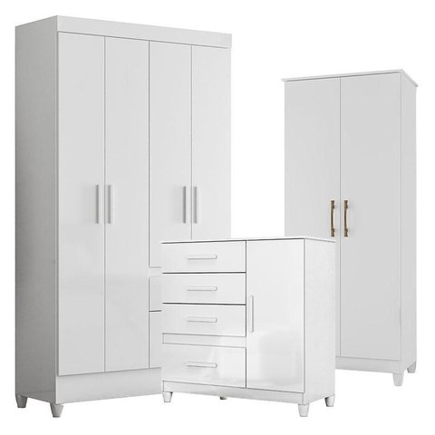 Guarda Roupa Infantil Madri com Cômoda Vênus com Pés e Armário Multiuso Jade Branco Brilho –