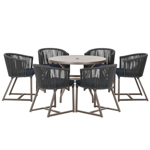 Mesa com 6 Cadeiras de Jantar Roma 120cm e Noronha em Alumínio Marrom Corda Náutica Estofado 12 Tram