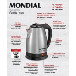 Chaleira Elétrica Aço Pratic 2L 1200W 220v Ce-06 Mondial - 5