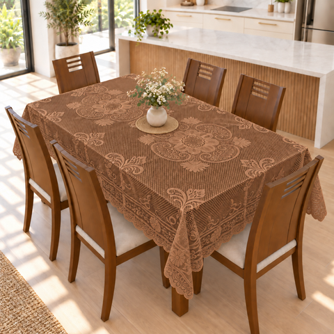 Toalha de Mesa de Renda 6 Lugares Retangular Marrom