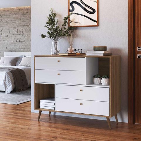 Cômoda Multiuso Estilo Retrô com 4 Gavetas e 2 Nichos 1,10 M Cor:branco com Mel