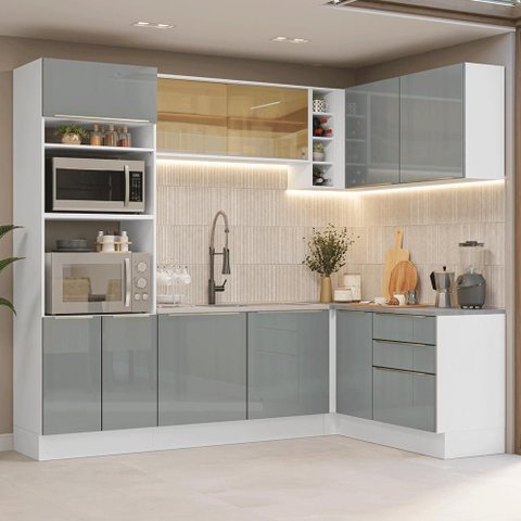 Armário de Cozinha Completa de Canto 399 Cm Branco/cinza Lux Madesa 01