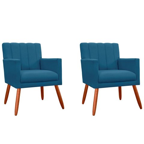 Kit 2 Poltronas Decorativa Cecília Suede Azul Marinho Pés Madeira Ms Decor