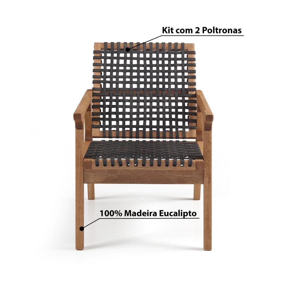 Kit com 2 Poltronas Trançadas em Madeira Eucalipto - Jatobá/Preto - 3