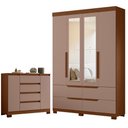 Ver imagem 1 de Guarda Roupa Solteiro Doble 04 Portas com Espelho e Cômoda Sapateira Atena Nogueira Capuccino - Móve