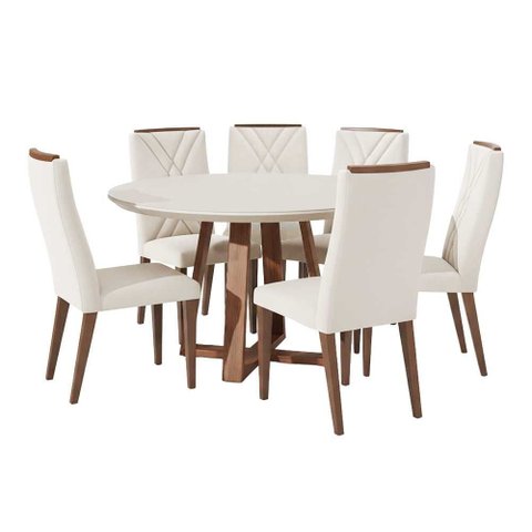 Mesa Redonda Benedicta Vidro Off White com 6 Cadeiras Linho Bege