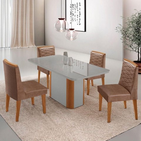 Mesa de Jantar Isadora 120cm Tampo Mdf Vidro com 4 Cadeiras Tork Naturale Serigrafia Off White