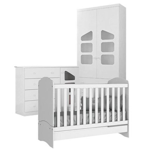 Jogo de Quarto Algodão Doce MDF Roupeiro 2 Portas + Cômoda + Berço 2x1 Branco
