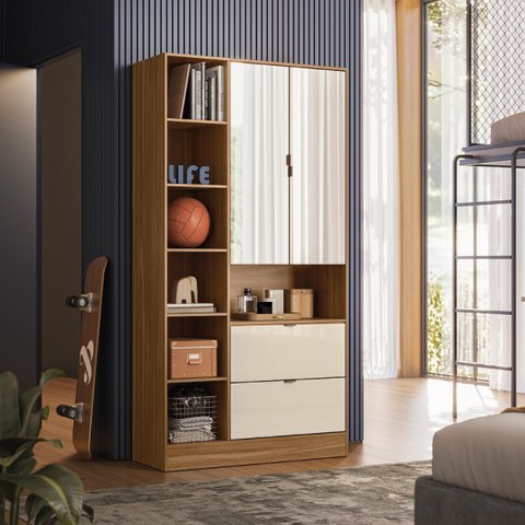 Estante Armário Multiuso Joy 2 Portas 2 Gavetas C/ Espelho - Estante Demobile:amêndola/off White