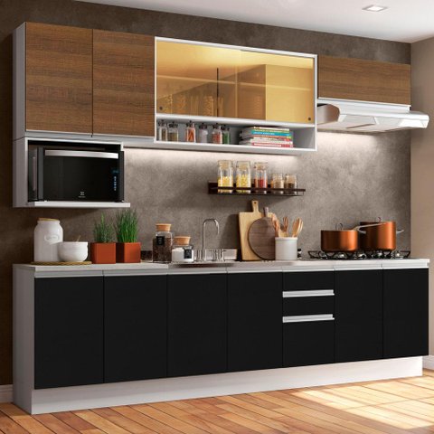Armário de Cozinha Completa 280cm Branco/Preto/Rustic Genova Madesa 04
