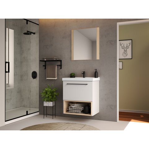 Gabinete para Banheiro com Cuba e Espelheira Gales 60cm Branco/faia Móveis Bosi