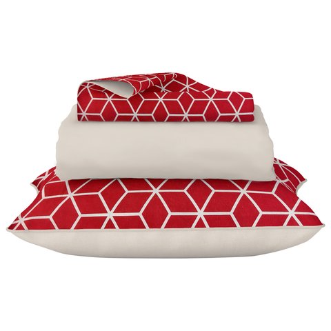Jogo de Cama Lençol Queen Vermelho Geométrico 100% Algodão 3pçs 120 Fios