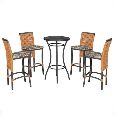 Mesa Bistrô e 4 Banquetas Roma Preta Corda Estofado 6 Trama Terra Cota