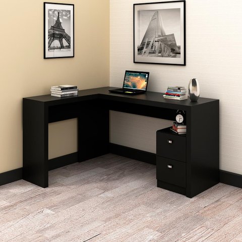 Mesa Escrivaninha Para Escritório Angular em L com 2 Gavetas: Preto