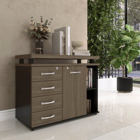 Armario Aparador Complemento com 4 Gavetas Marrom/Preto/Walnut