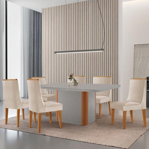 Mesa de Jantar Isadora 180cm Tampo MDF Vidro com 6 Cadeiras Veludo Creme Off White Naturale
