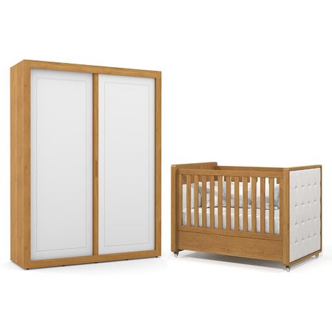 Jogo de Quarto Infantil Tutto New Guarda Roupa 2 Portas e Berço Freijó/branco Soft com Capiton