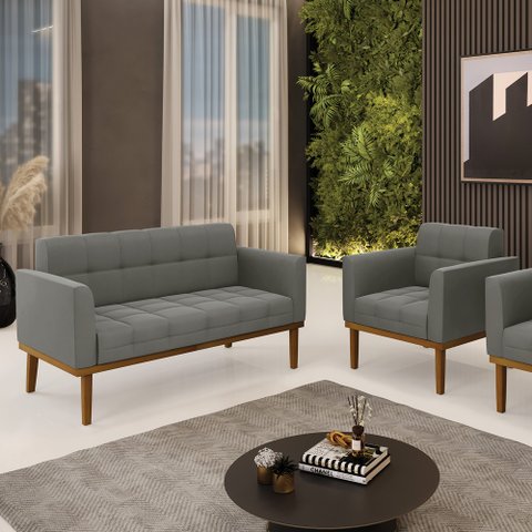 Conjunto Poltrona e Namoradeira Decorativas Karen Pés Fixo em Madeira Castanho Suede Grafite G19 - G