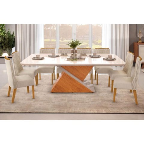 Sala de Jantar Completa Zafira Tampo Madeirado C/ Vidro Curvo 200x100cm e 8 Cadeiras Jade Cedro/off