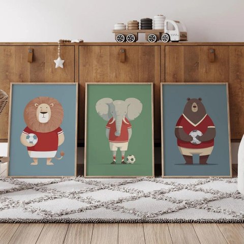 Kit 3 Quadros Decorativos Infantil | Safari - Jogadores da Selva NO2 - 40x60 - Moldura Madeira